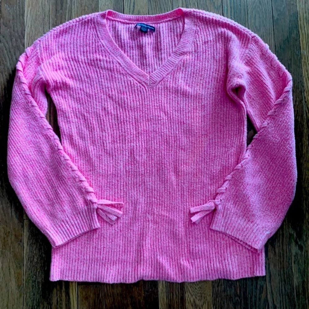 Womens pink‎ XS American eagle knit pullover sweater lace up sleeves Y2K